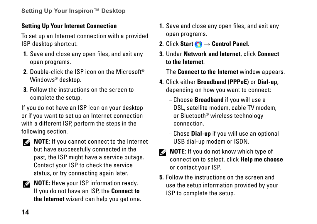 Dell 537s, 545s, 535s, 546s, F957N setup guide Setting Up Your Internet Connection 