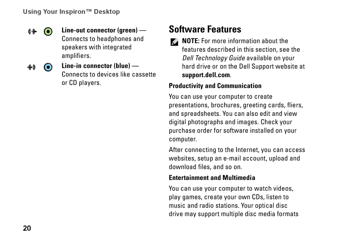 Dell 535s, 545s, 537s, 546s, F957N setup guide Software Features, Productivity and Communication, Entertainment and Multimedia 