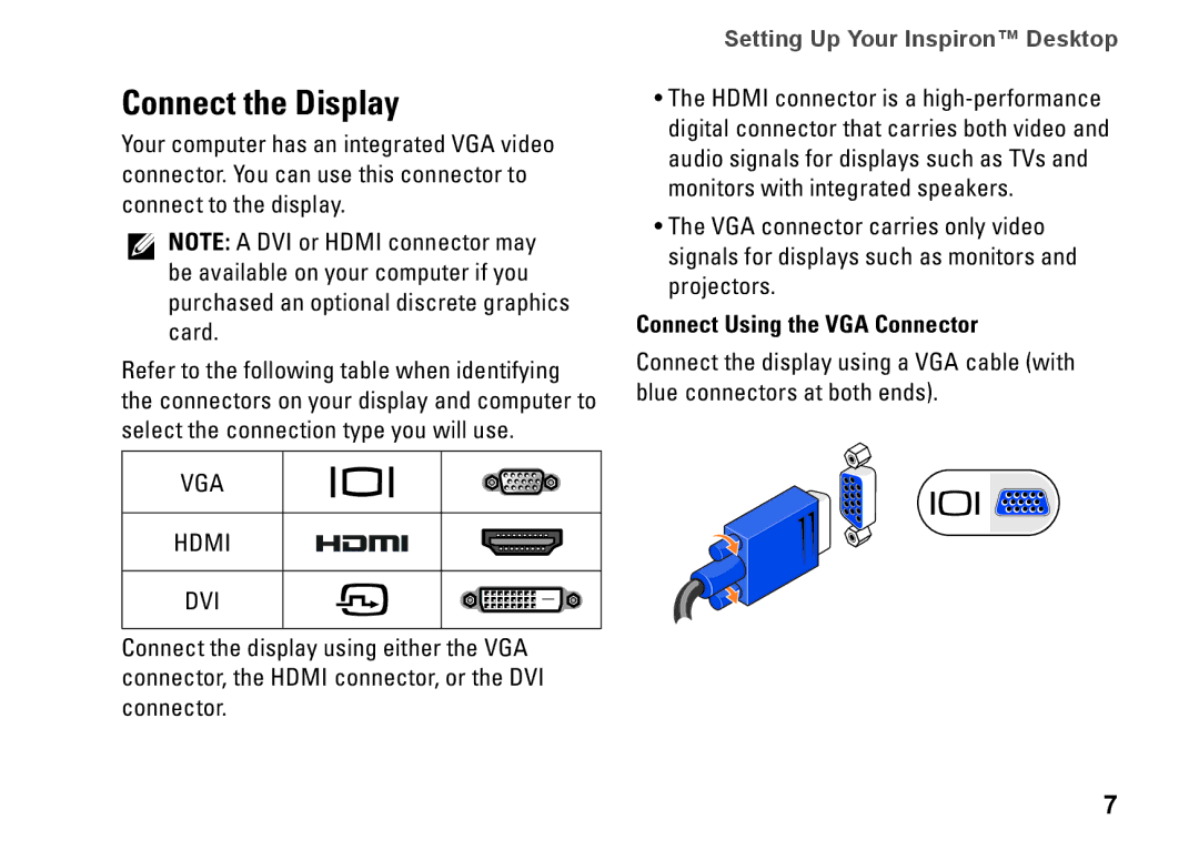 Dell F957N, 545s, 537s, 535s, 546s setup guide Connect the Display, Connect Using the VGA Connector 