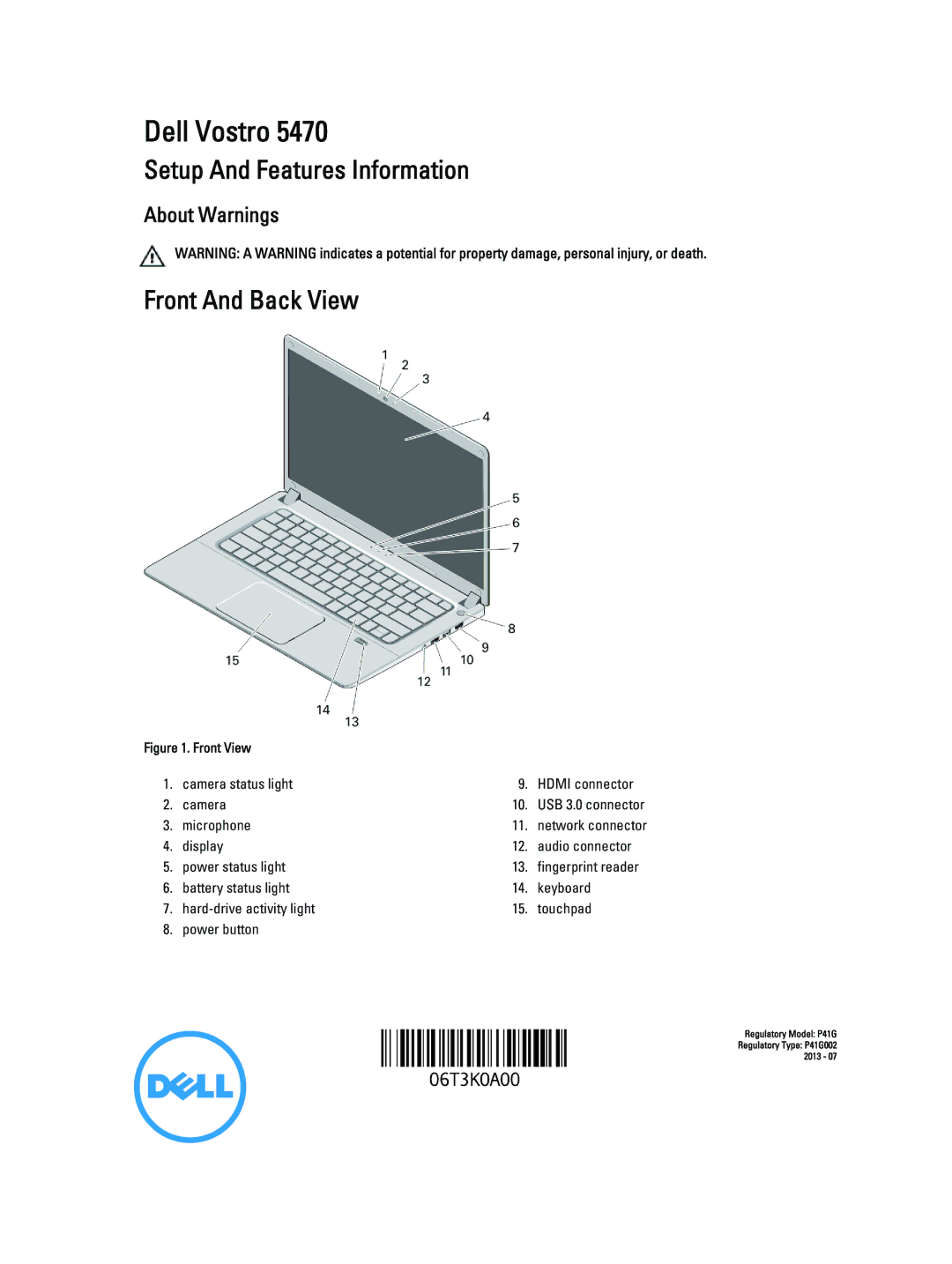 Dell 5470 manual Setup And Features Information, Front And Back View 