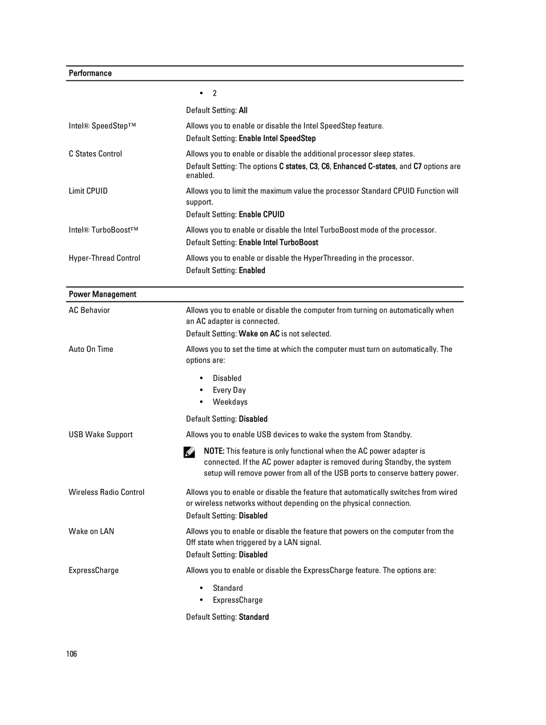 Dell E5520M owner manual Default Setting Enable Intel SpeedStep, Default Setting Enable Intel TurboBoost, Power Management 