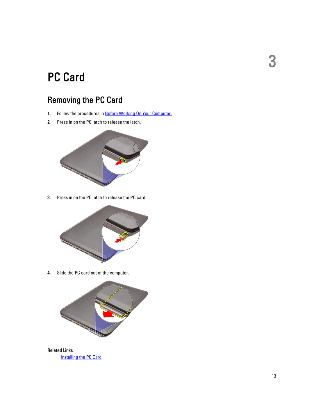 Dell E5520M owner manual Removing the PC Card 