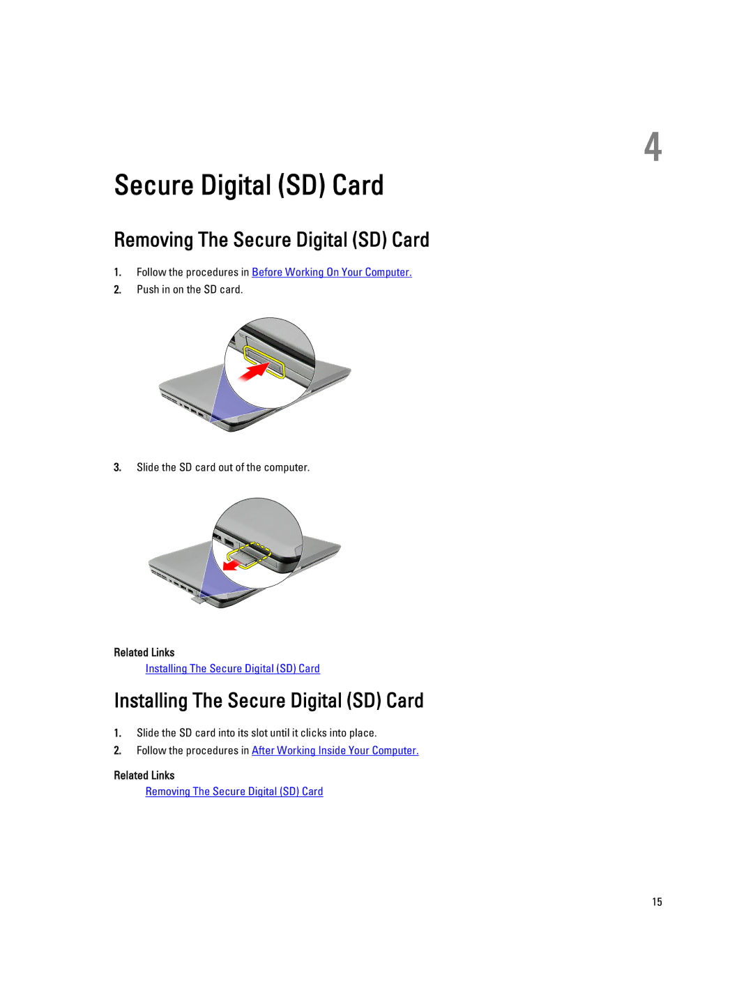 Dell E5520M owner manual Removing The Secure Digital SD Card, Installing The Secure Digital SD Card 