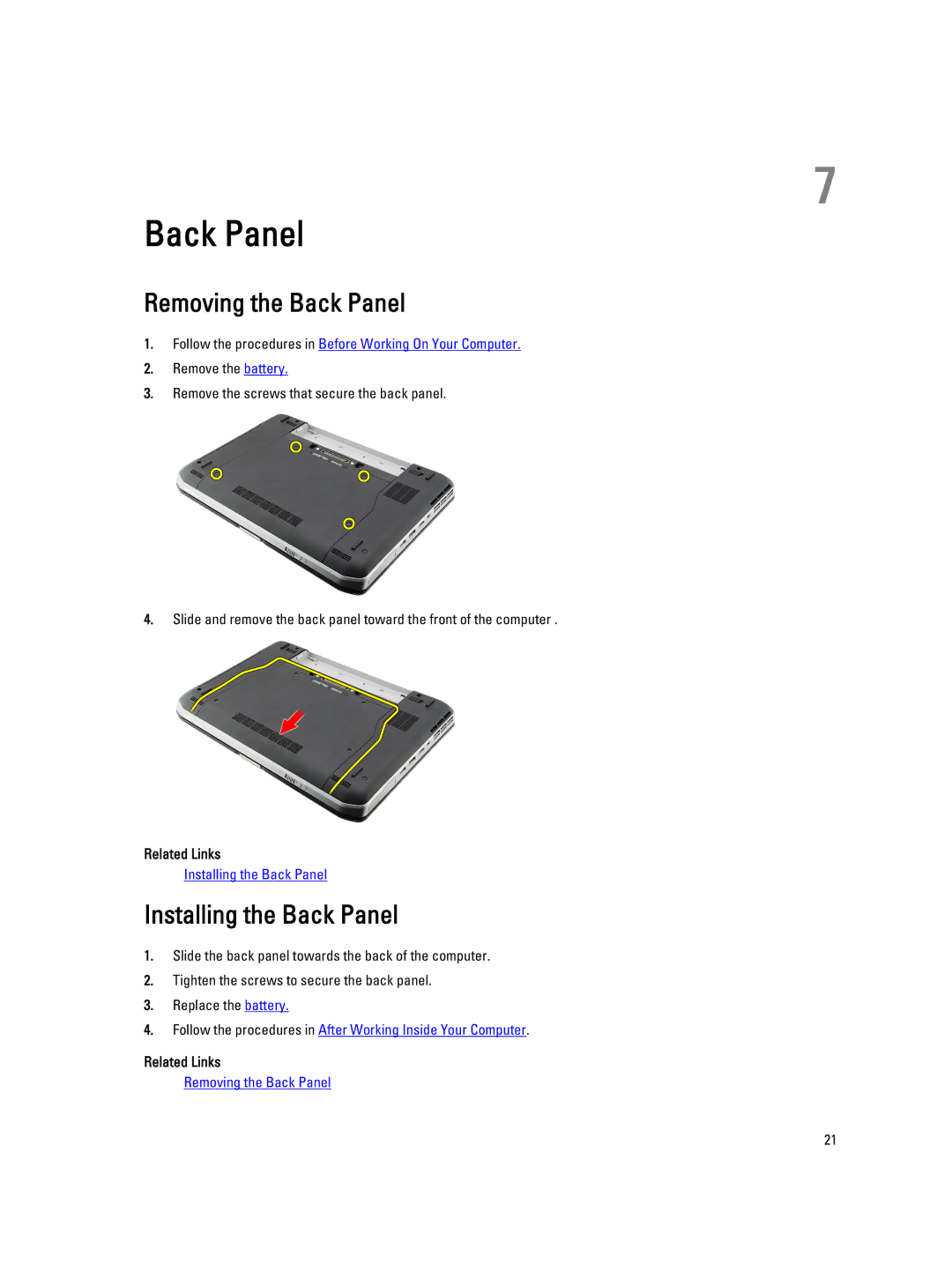 Dell E5520M owner manual Removing the Back Panel, Installing the Back Panel 