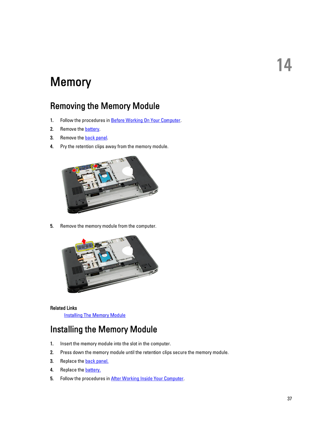 Dell E5520M owner manual Removing the Memory Module, Installing the Memory Module 