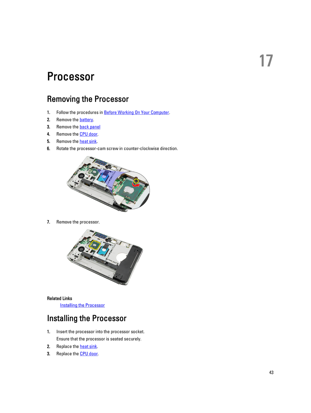 Dell E5520M owner manual Removing the Processor, Installing the Processor 