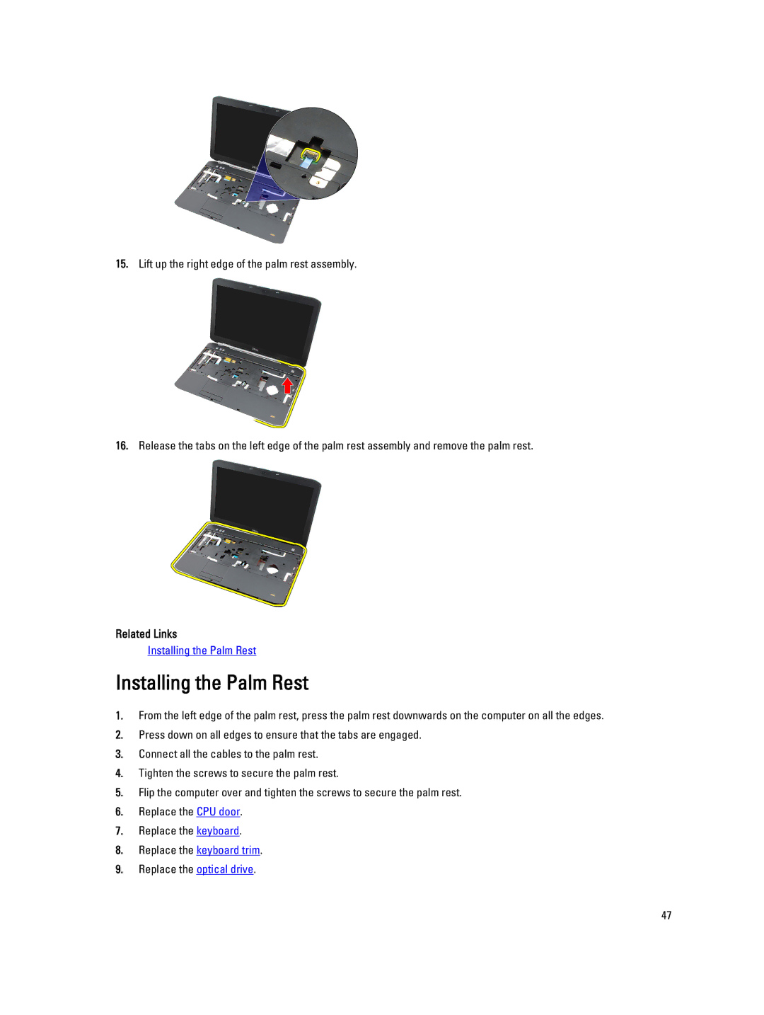 Dell E5520M owner manual Installing the Palm Rest, Related Links 