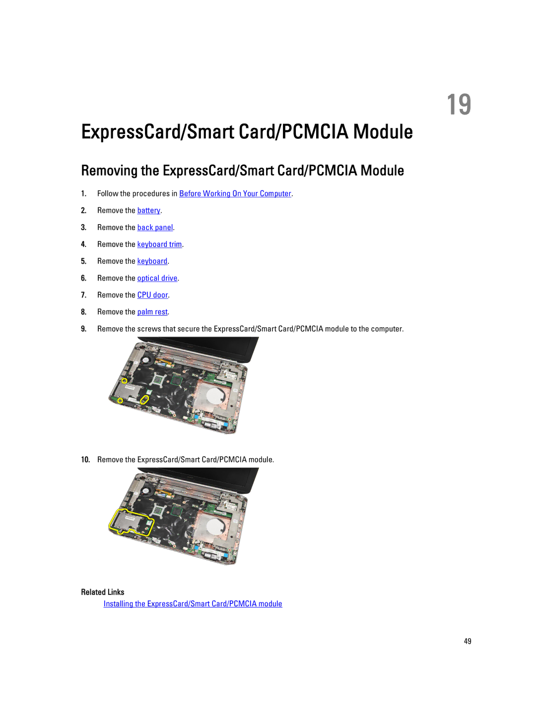 Dell E5520M owner manual Removing the ExpressCard/Smart Card/PCMCIA Module 