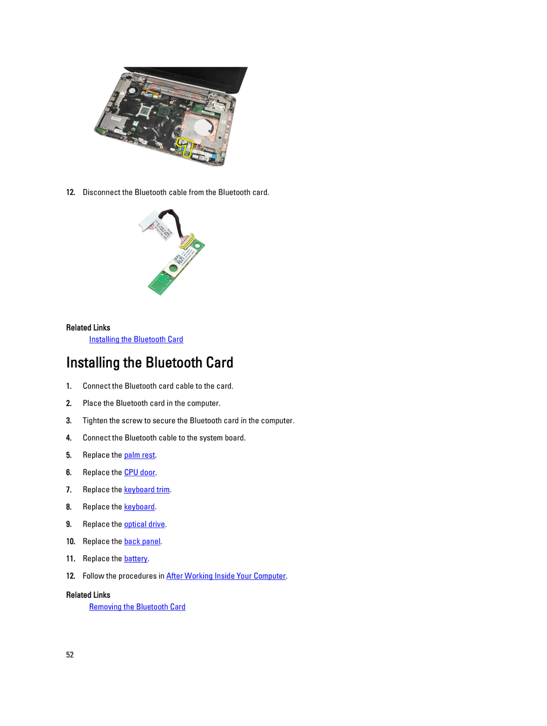 Dell E5520M owner manual Installing the Bluetooth Card 