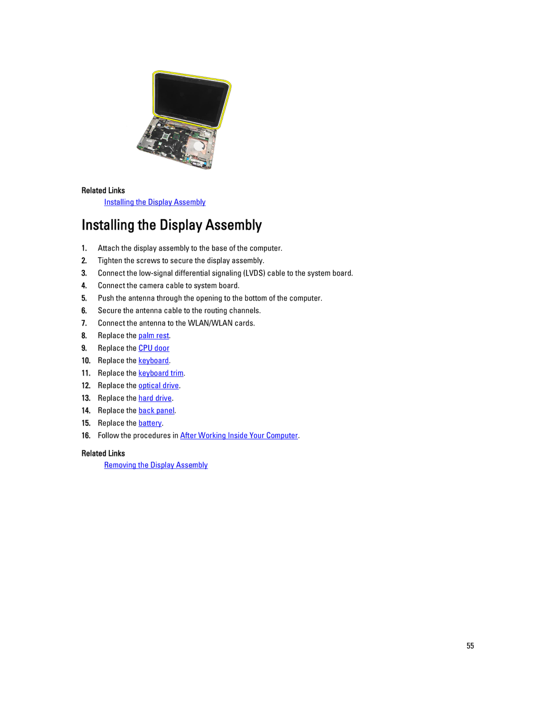 Dell E5520M owner manual Installing the Display Assembly, Related Links 