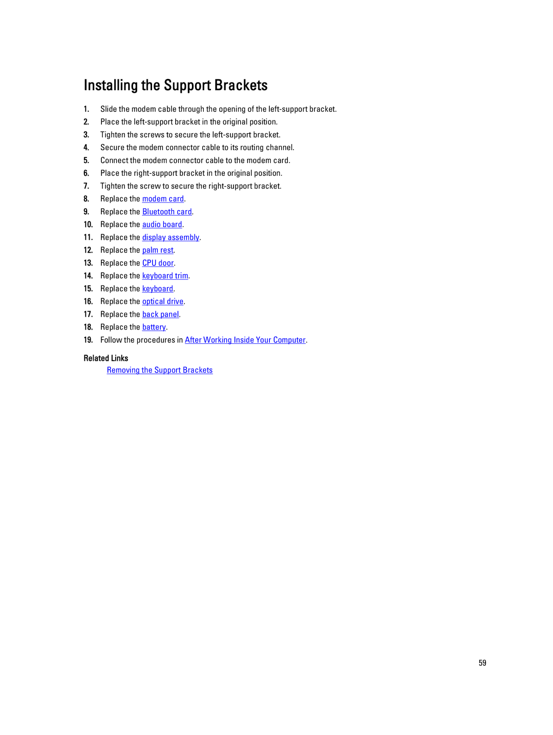 Dell E5520M owner manual Installing the Support Brackets, Replace the display assembly 