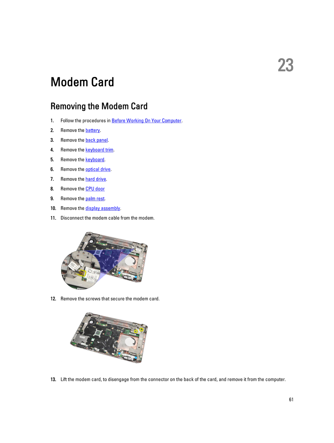 Dell E5520M owner manual Removing the Modem Card 