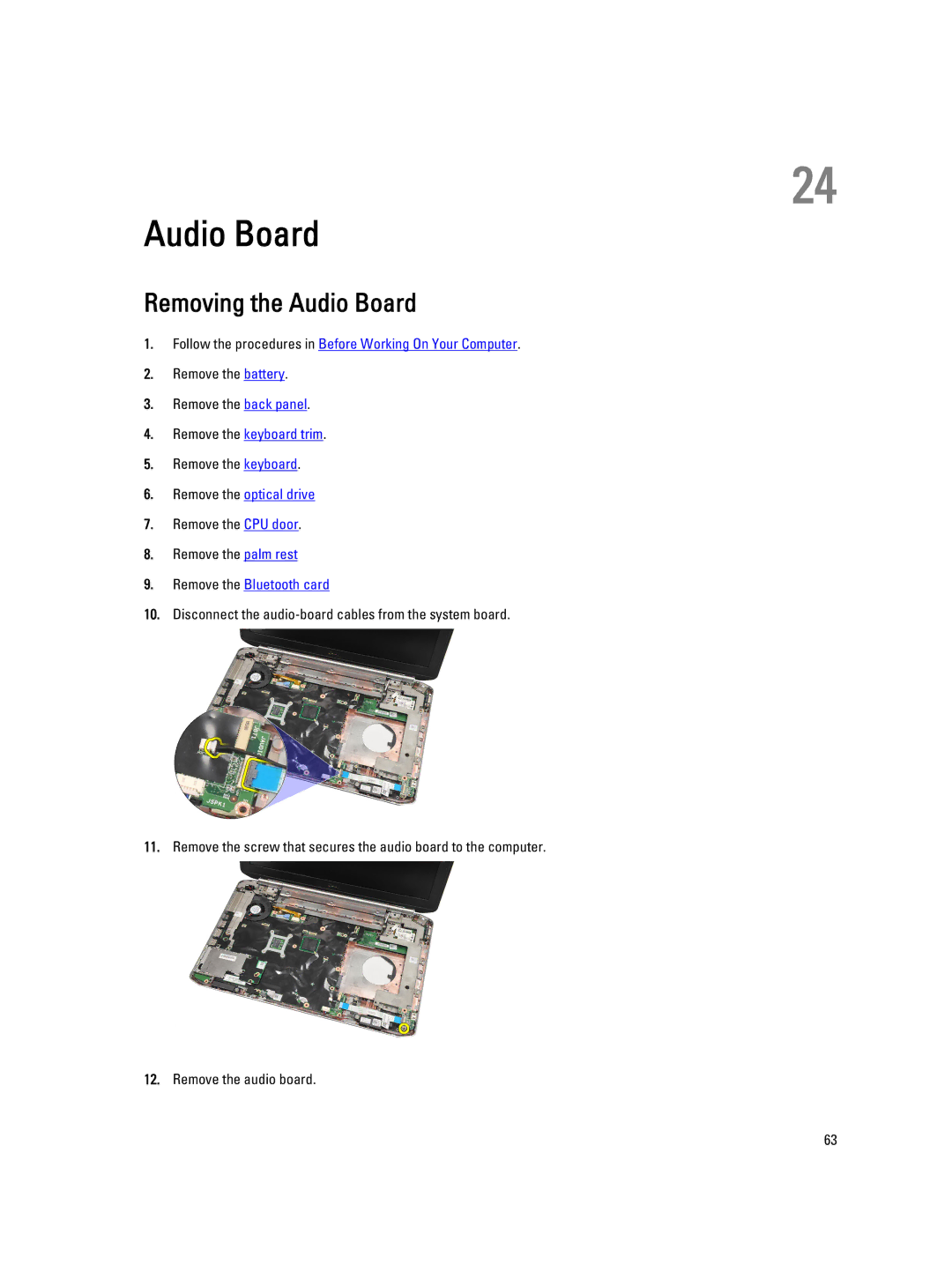 Dell E5520M owner manual Removing the Audio Board 