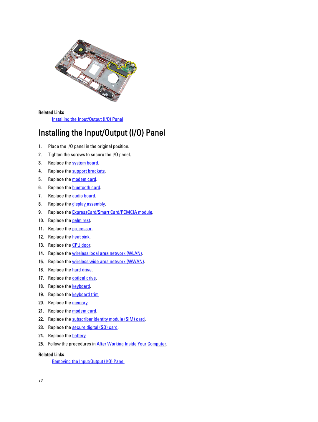 Dell E5520M owner manual Installing the Input/Output I/O Panel 