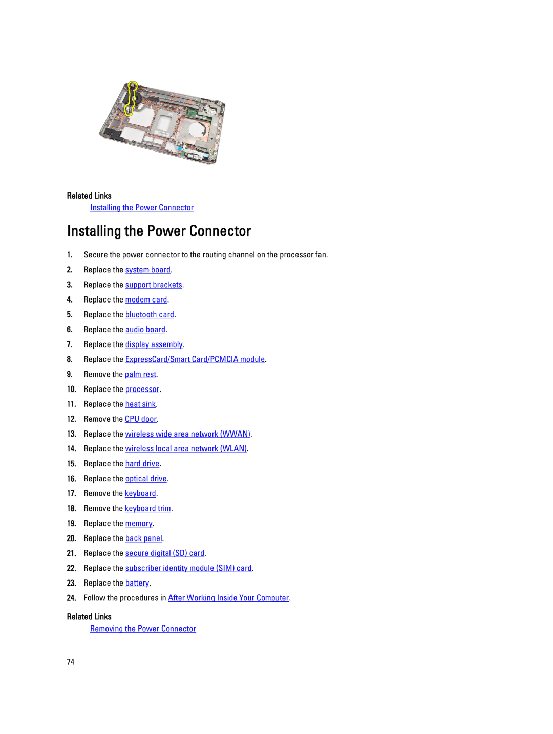 Dell E5520M owner manual Installing the Power Connector 