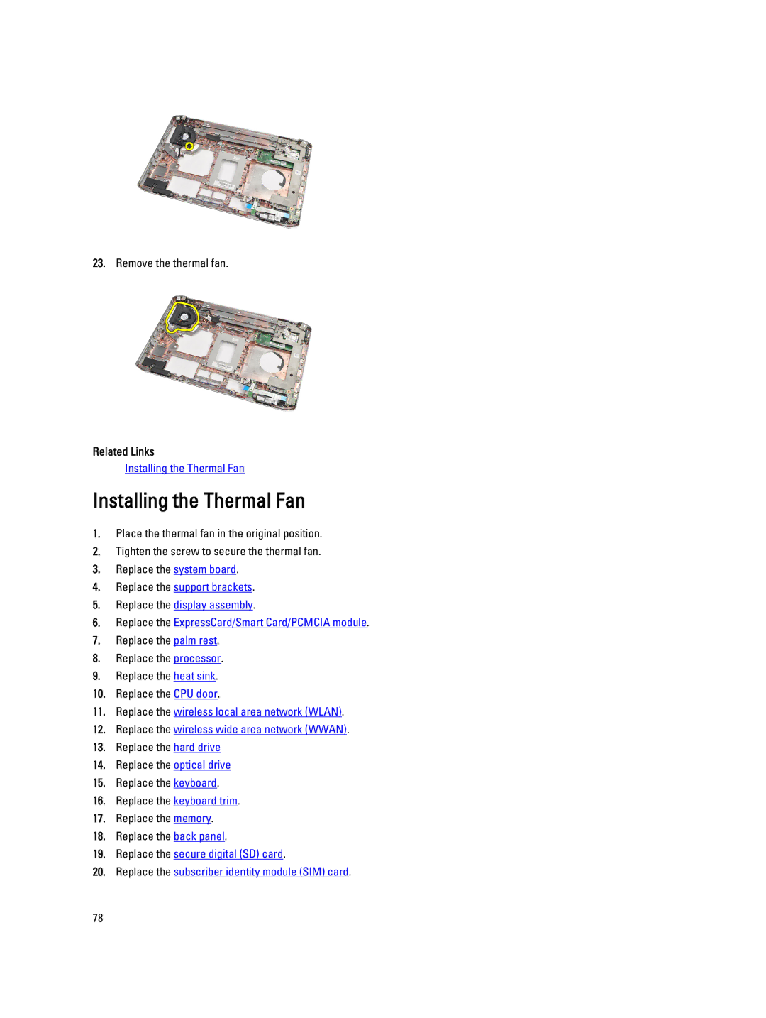 Dell E5520M owner manual Installing the Thermal Fan 