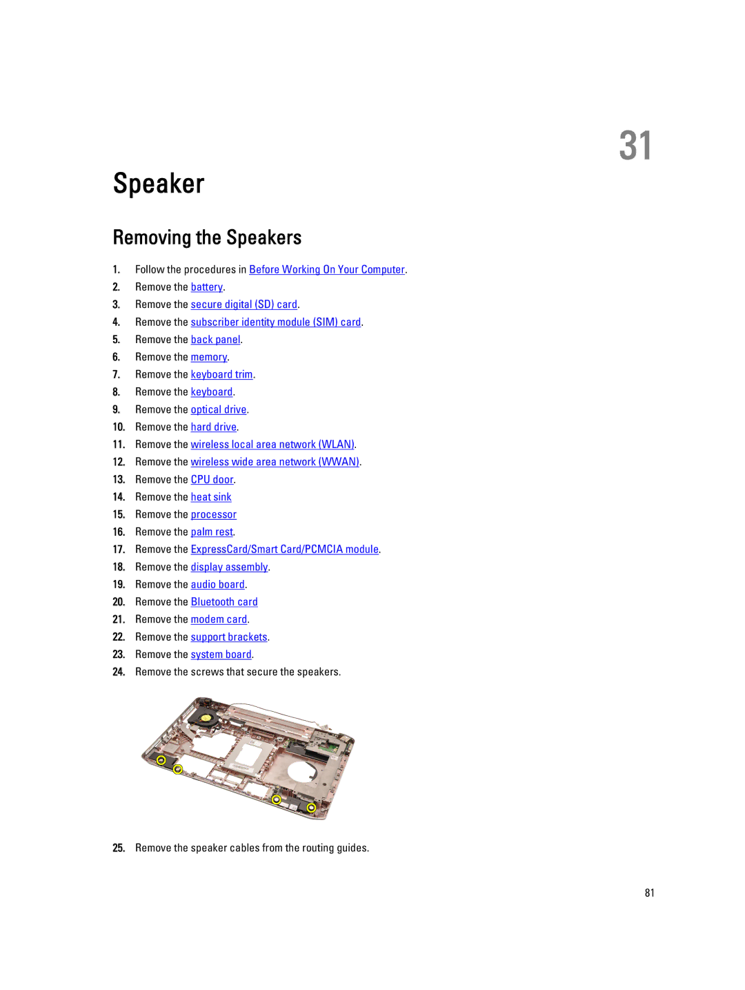 Dell E5520M owner manual Removing the Speakers 