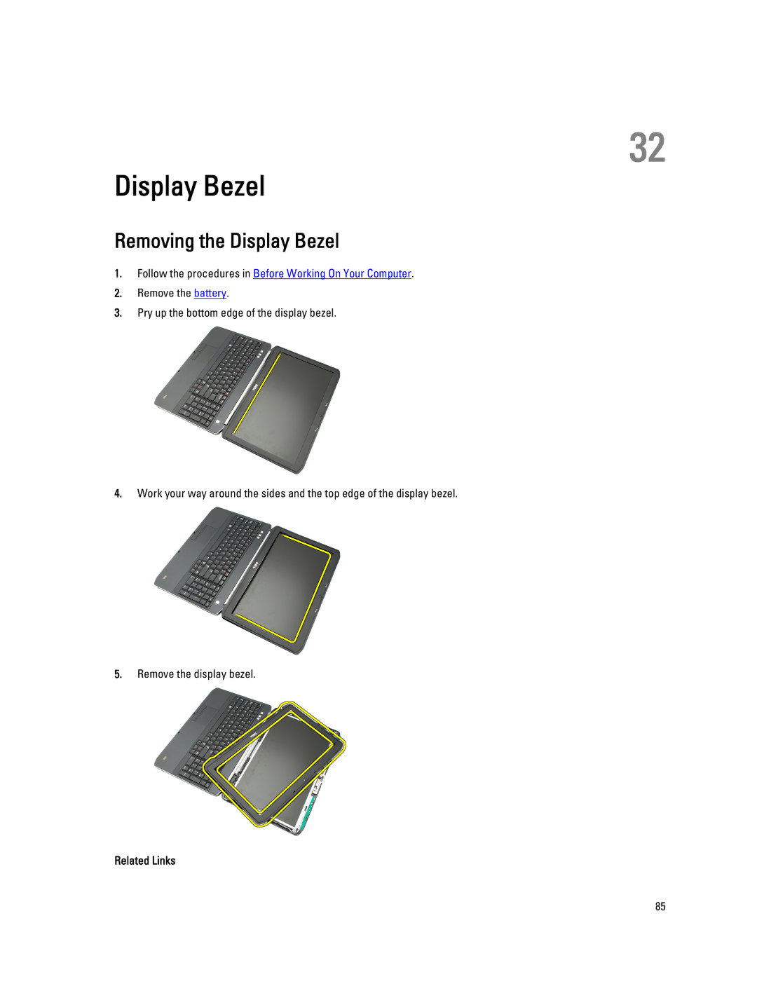 Dell E5520M owner manual Removing the Display Bezel 