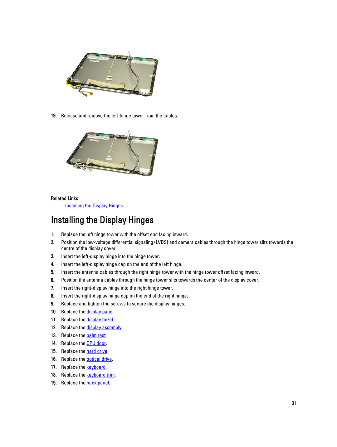 Dell E5520M owner manual Installing the Display Hinges, Related Links 