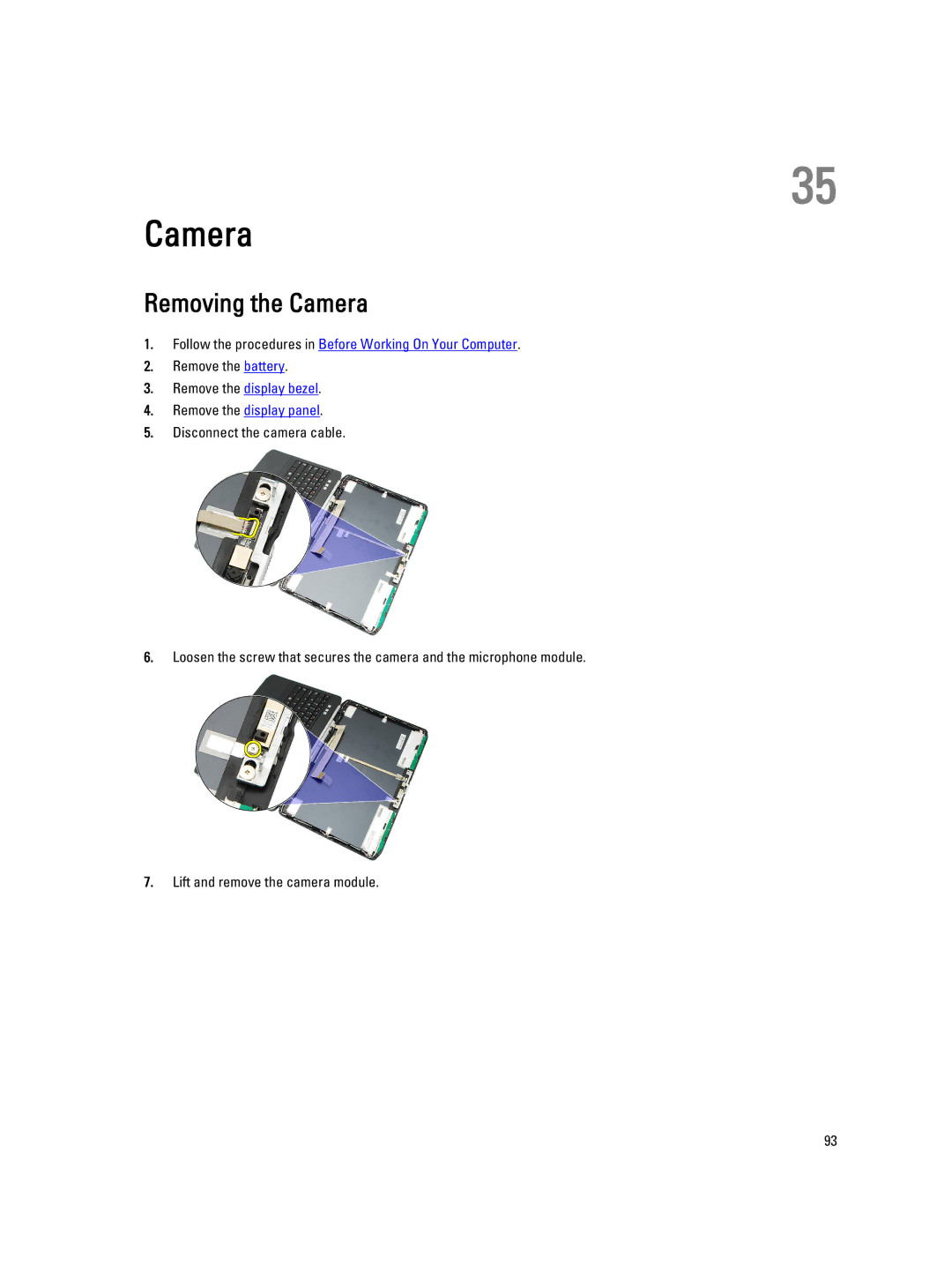 Dell E5520M owner manual Removing the Camera 