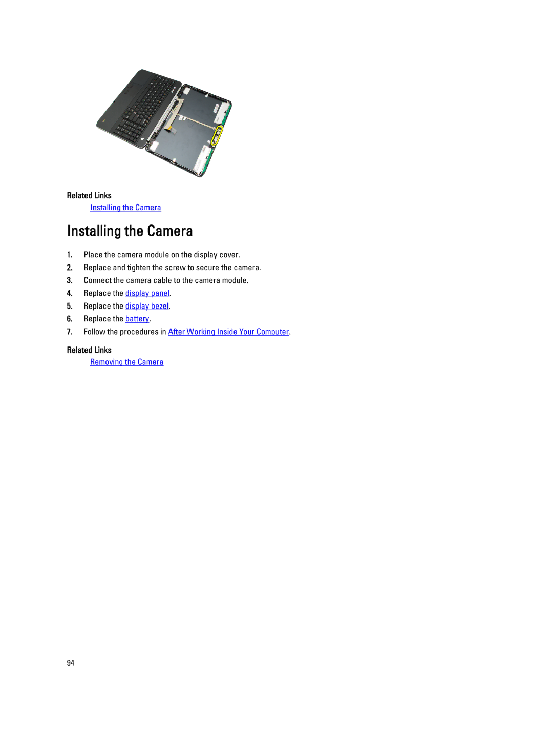 Dell E5520M owner manual Installing the Camera 