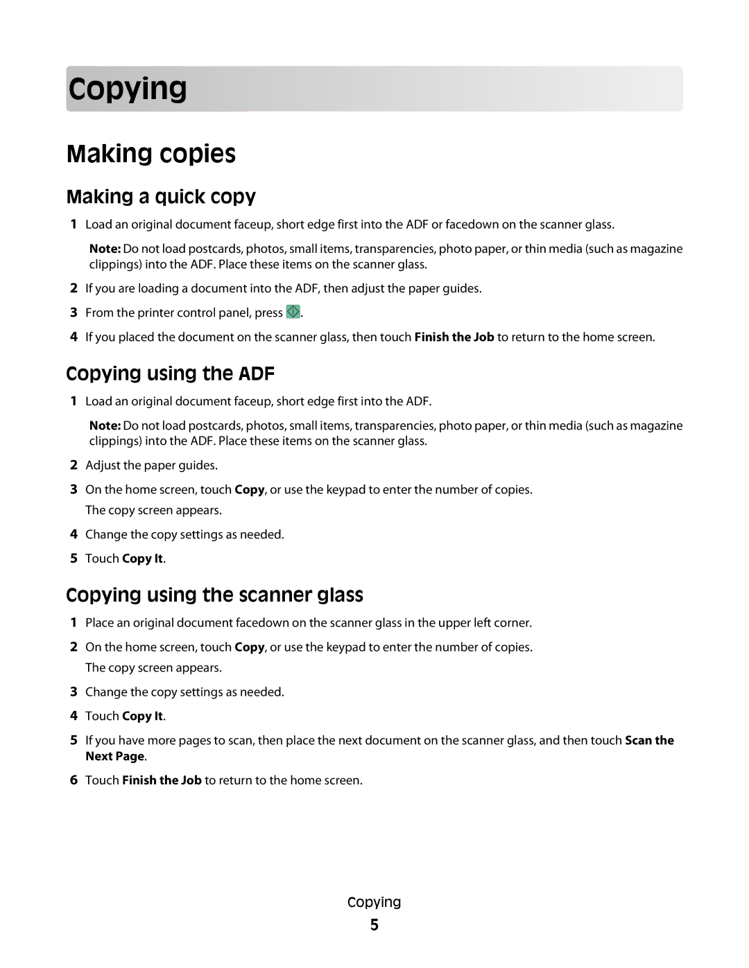Dell 5535dn manual Cop ying, Making copies, Making a quick copy, Copying using the ADF, Copying using the scanner glass 