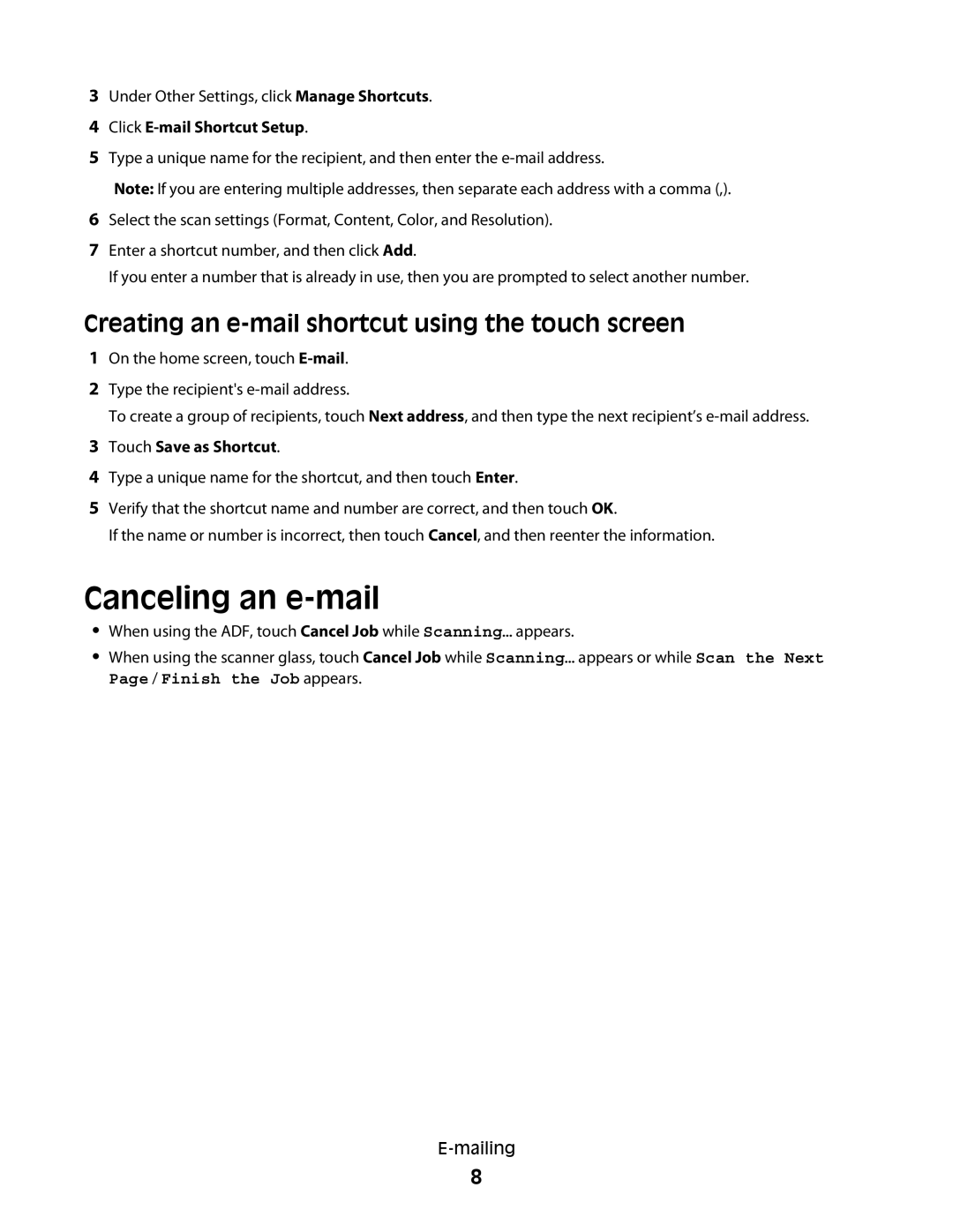 Dell 5535dn manual Canceling an e-mail, Creating an e-mail shortcut using the touch screen, Click E-mail Shortcut Setup 