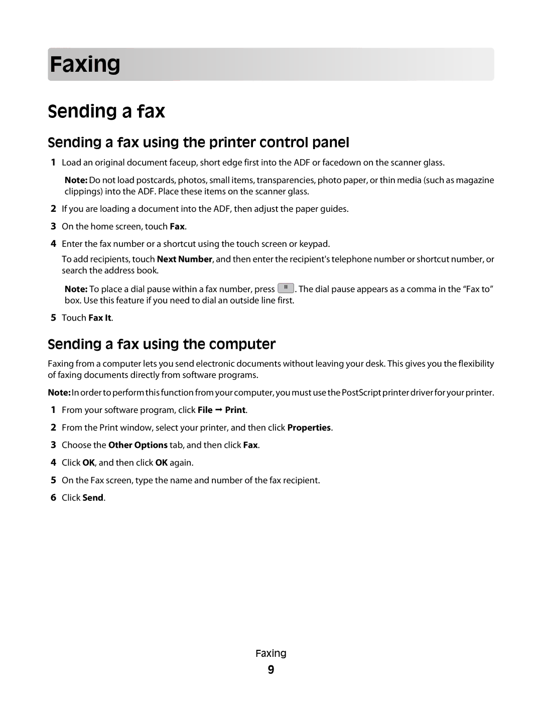 Dell 5535dn manual Faxing, Sending a fax using the printer control panel, Sending a fax using the computer 