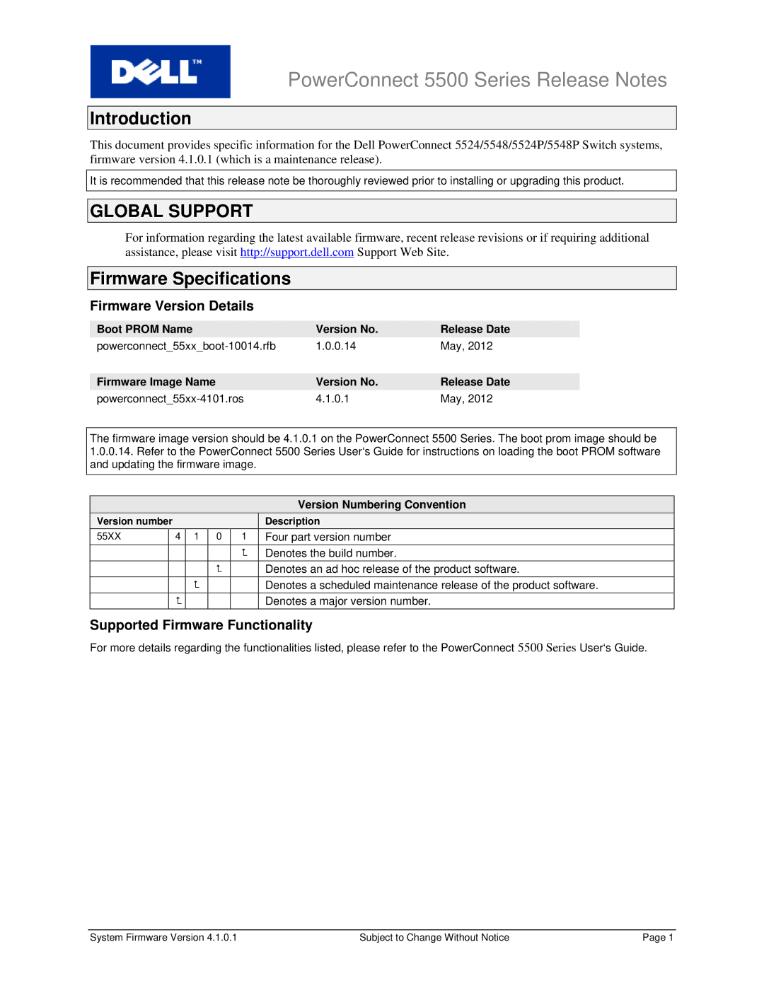 Dell 5548P, 5524P specifications Introduction, Firmware Specifications, Version Numbering Convention 