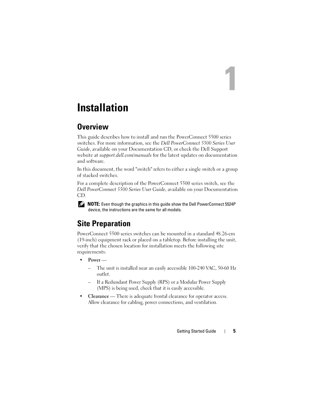 Dell 5548P, 5524P manual Installation, Overview, Site Preparation 