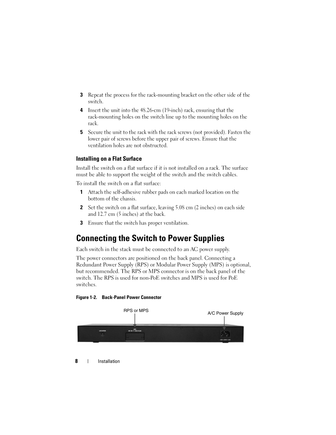 Dell 5548P, 5524P manual Connecting the Switch to Power Supplies, Installing on a Flat Surface 