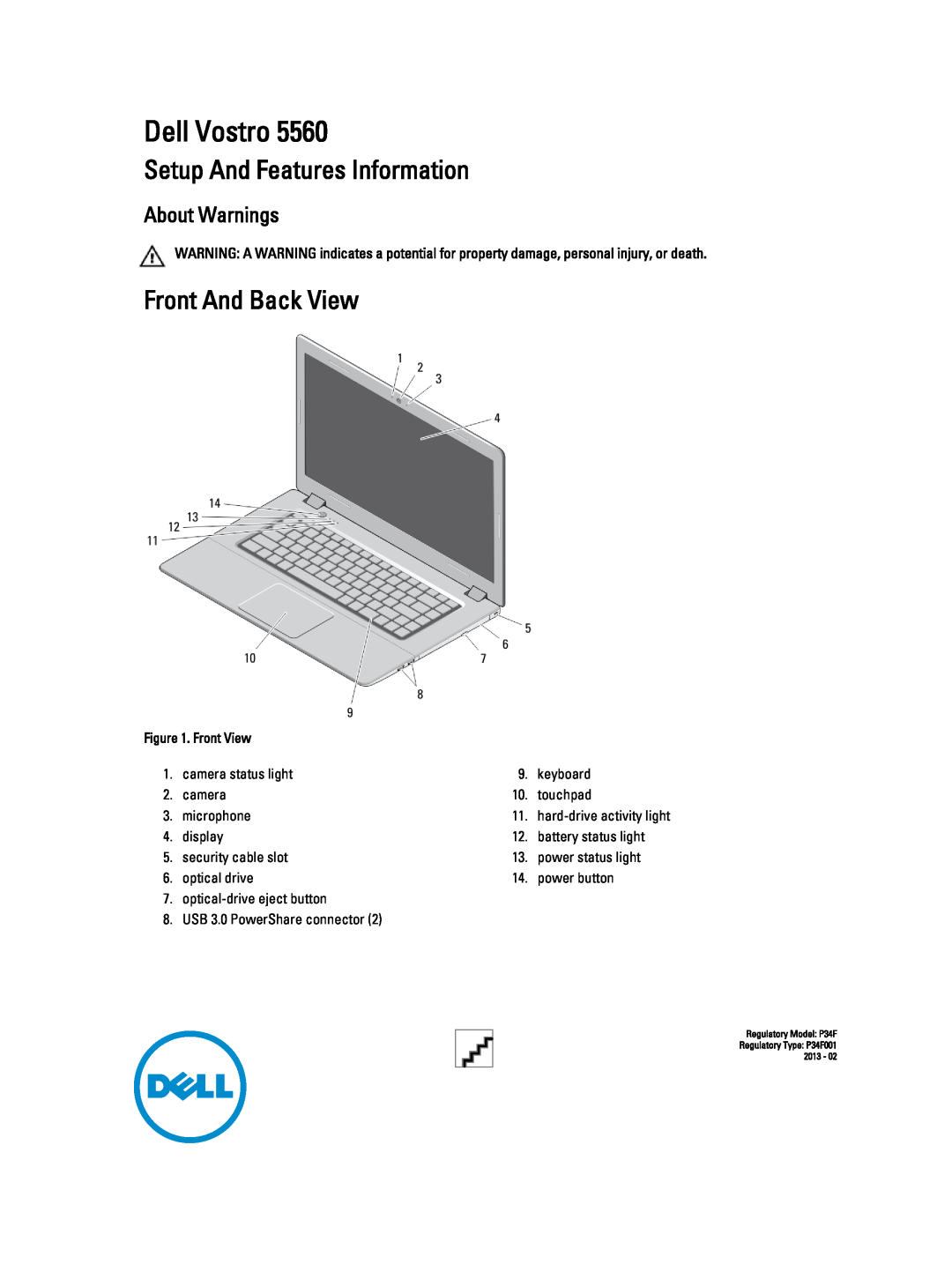 Dell 5560 manual Setup And Features Information, Front And Back View, Dell Vostro, About Warnings 