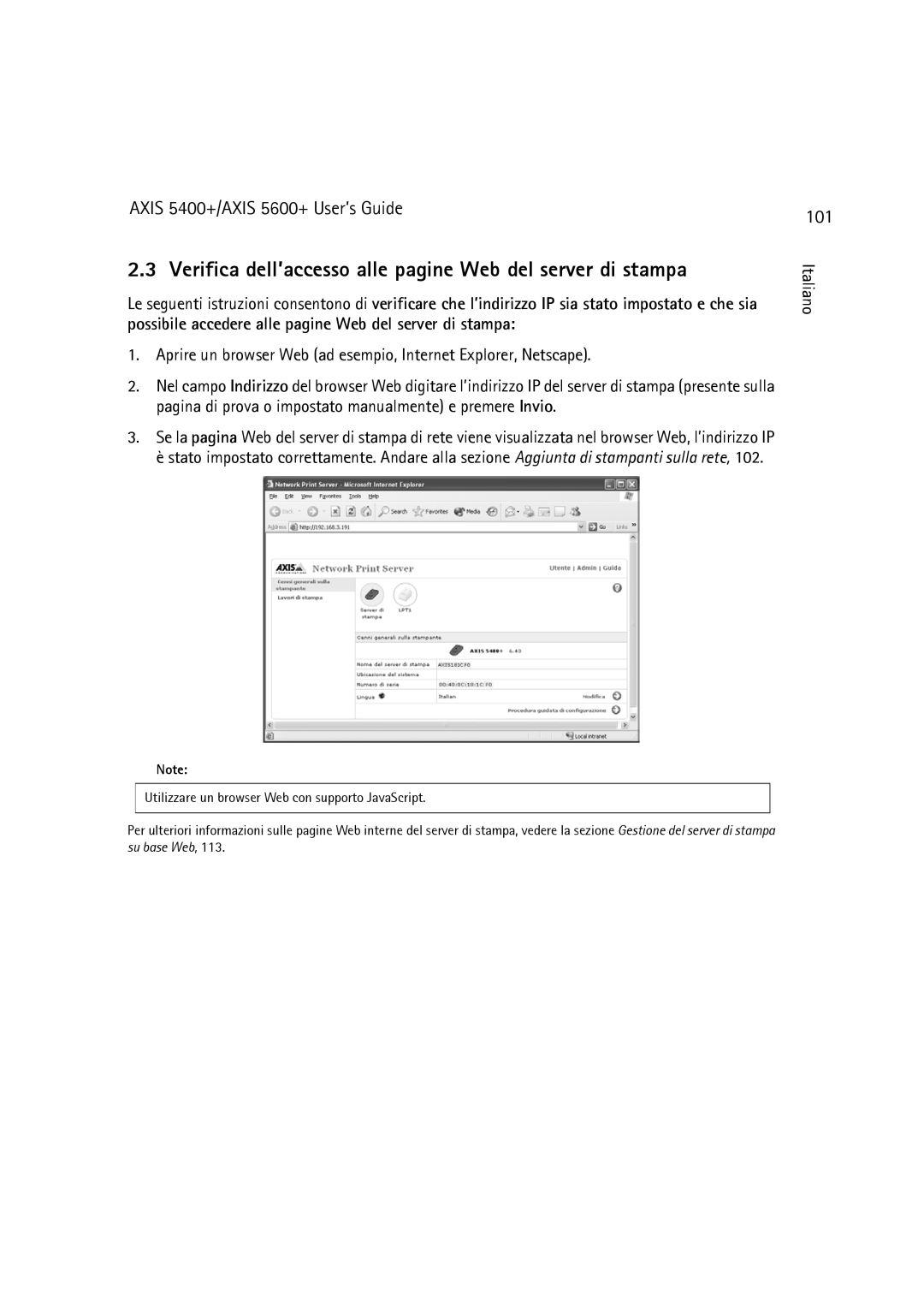 Dell 5400+, 5600+ manual Verifica dell’accesso alle pagine Web del server di stampa, 101 