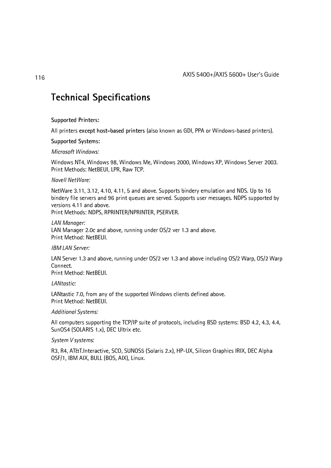 Dell 5600+, 5400+ manual 116, Supported Printers, Supported Systems 