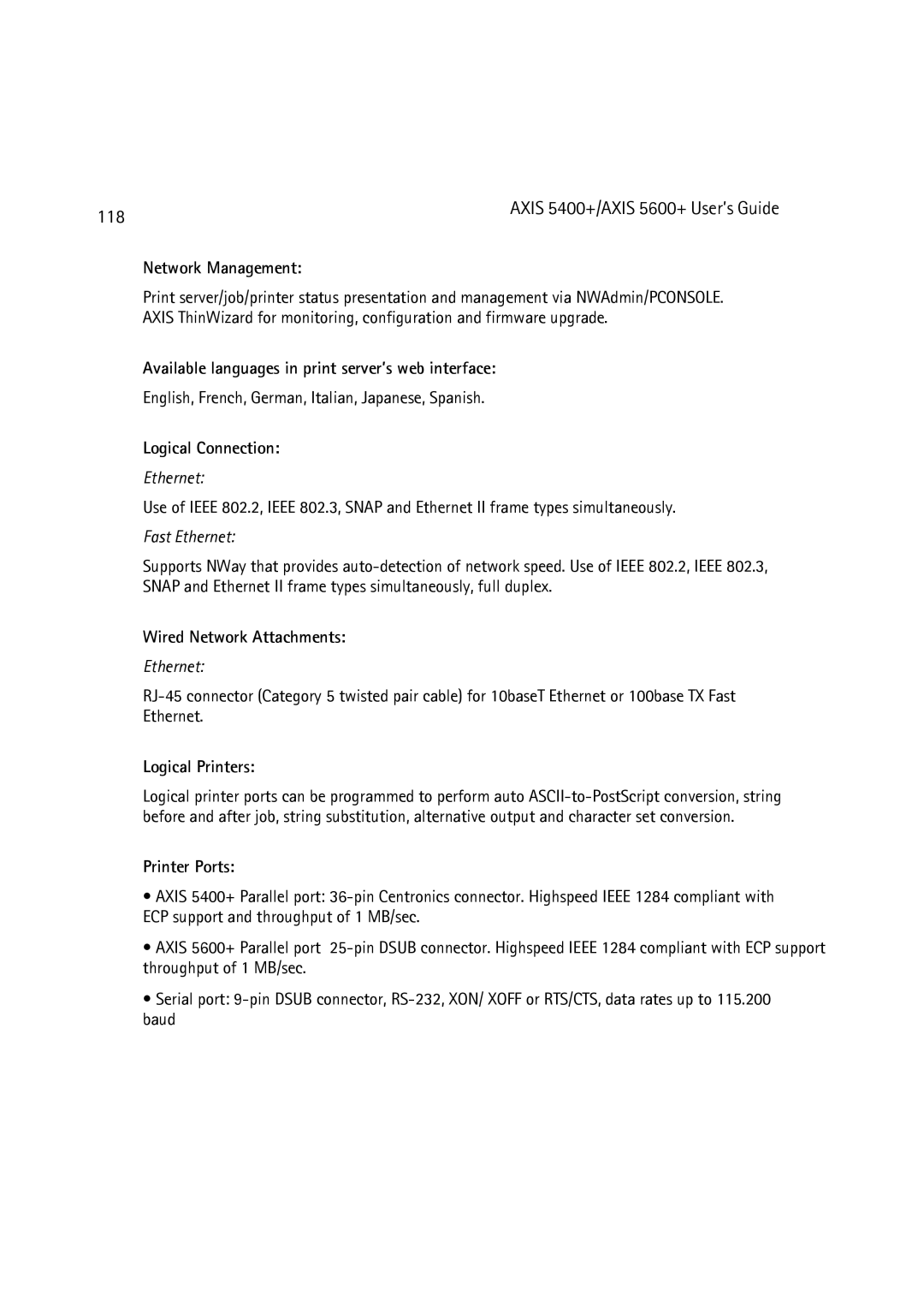 Dell 5600+ Network Management, Available languages in print server’s web interface, Logical Connection, Logical Printers 