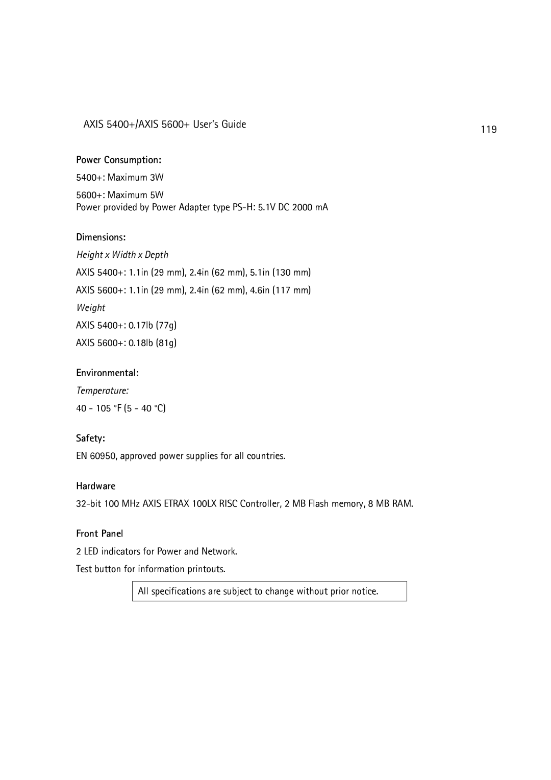 Dell 5400+, 5600+ manual Power Consumption, Dimensions, Environmental, Safety, Hardware, Front Panel 