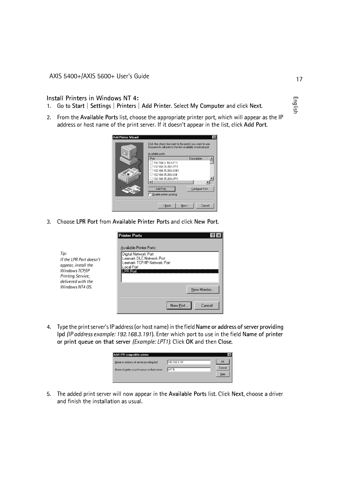 Dell 5400+, 5600+ manual Install Printers in Windows NT, Tip 