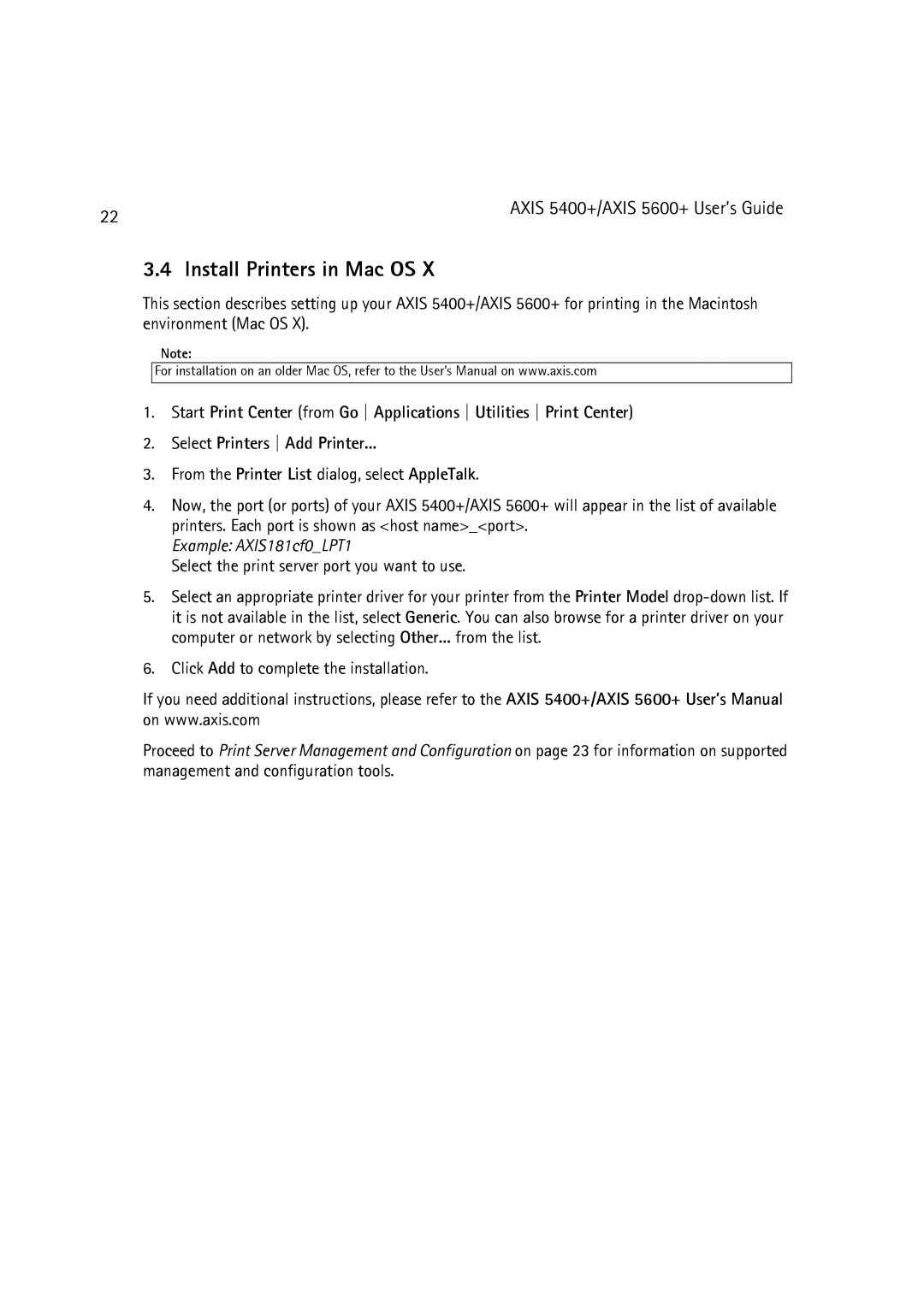 Dell 5600+, 5400+ manual Install Printers in Mac OS, Example AXIS181cf0LPT1 