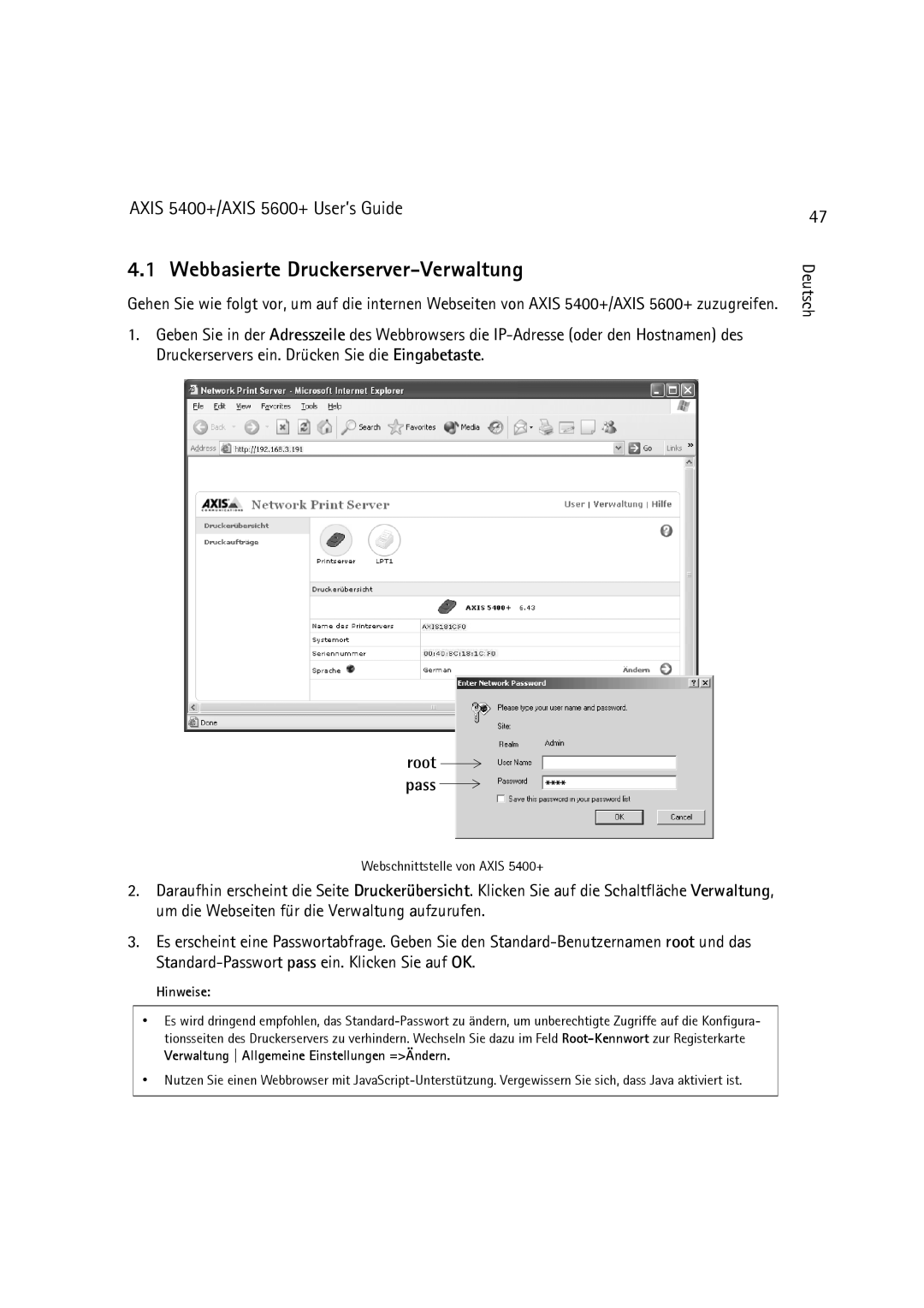 Dell 5400+, 5600+ manual Webbasierte Druckerserver-Verwaltung, Root Pass 