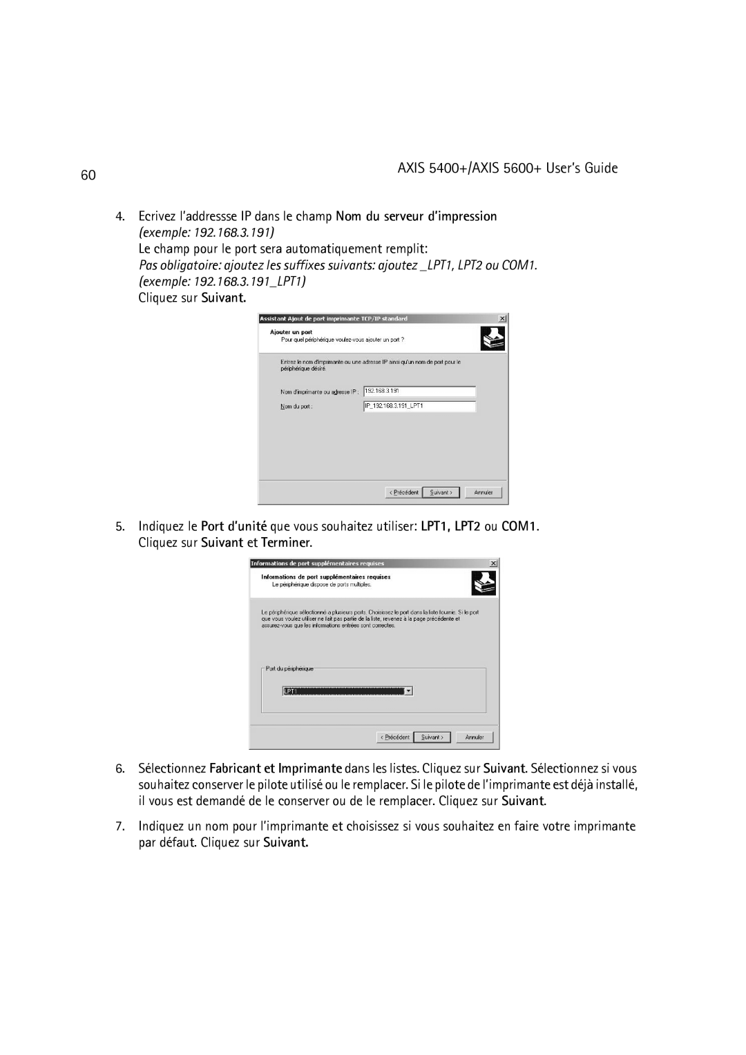 Dell 5600+, 5400+ manual Exemple 192.168.3.191LPT1 Cliquez sur Suivant 