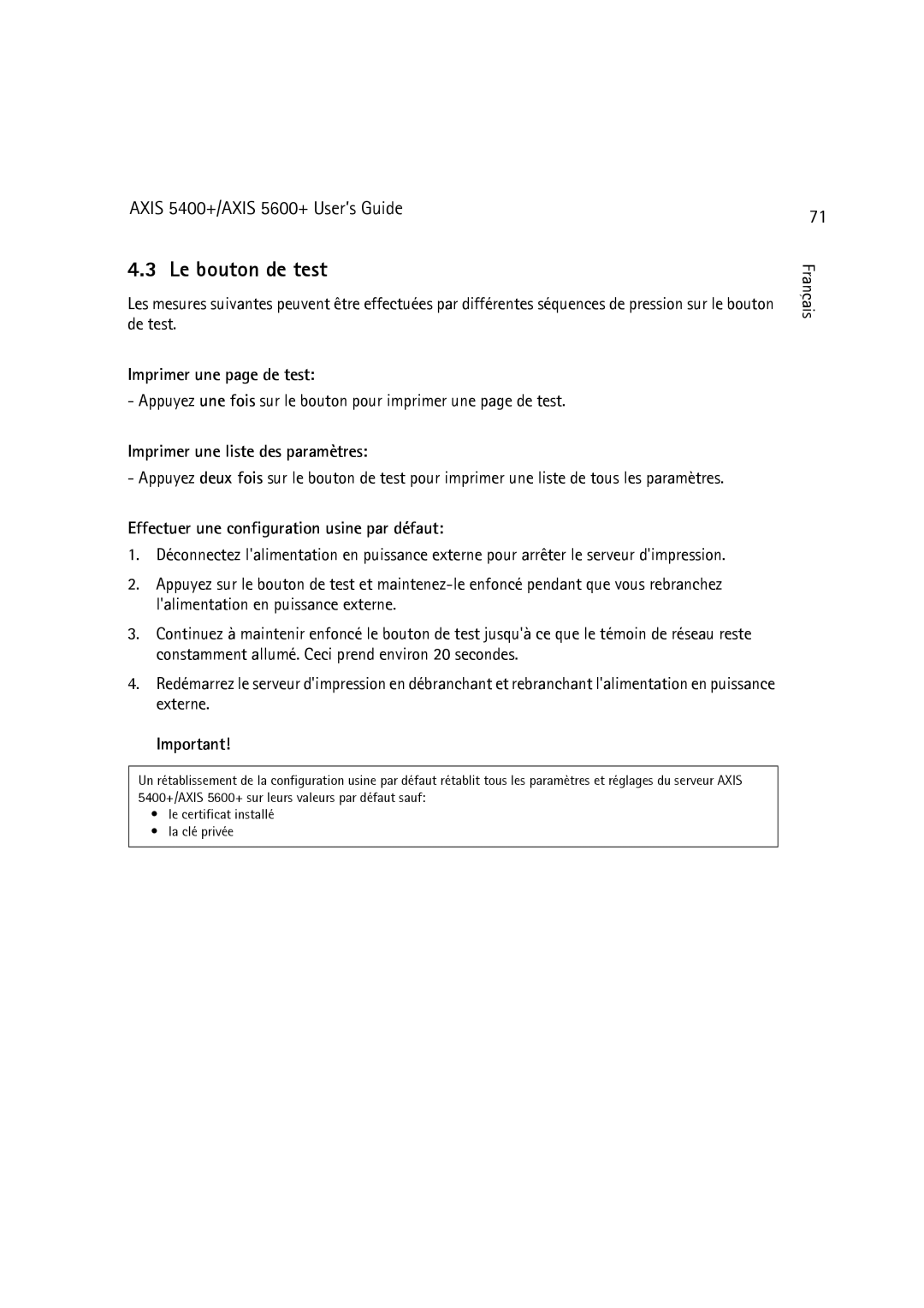 Dell 5400+, 5600+ manual Le bouton de test, Imprimer une page de test, Imprimer une liste des paramètres 