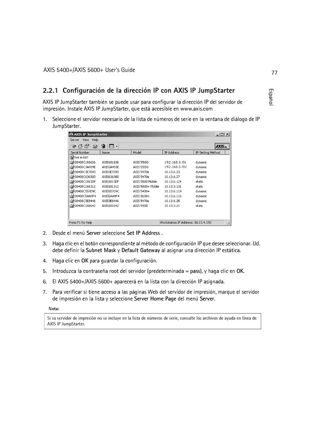 Dell 5400+, 5600+ Configuración de la dirección IP con Axis IP JumpStarter, Haga clic en OK para guardar la configuración 