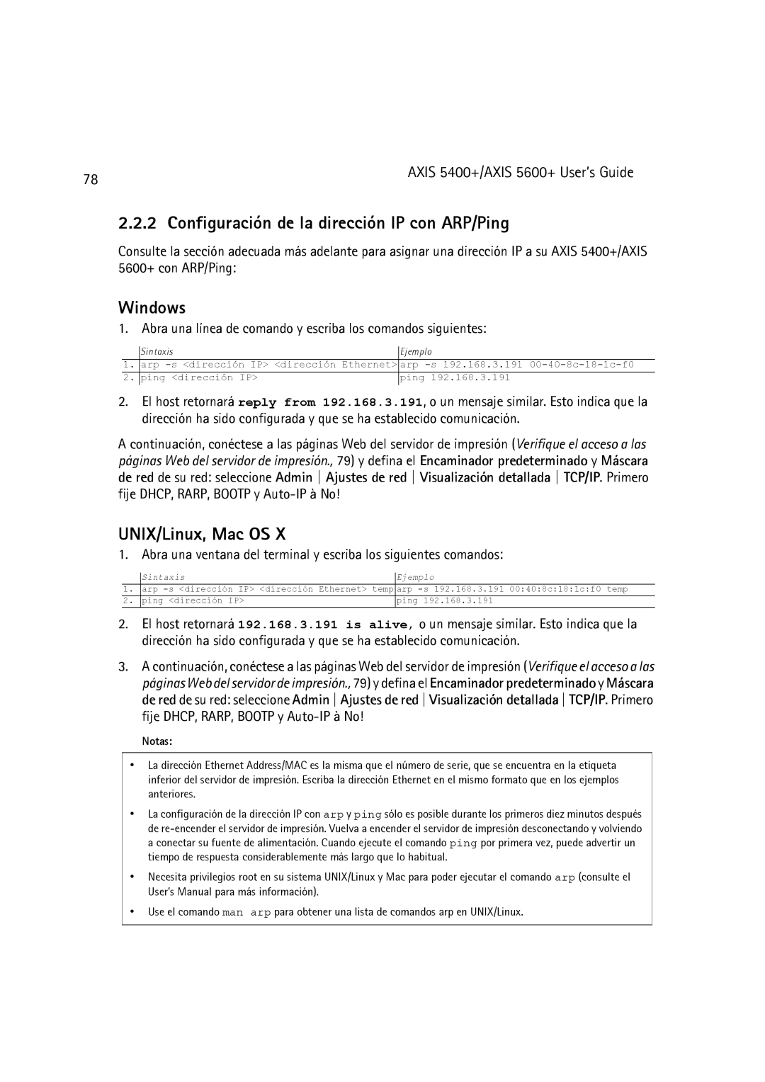 Dell 5400+ manual Configuración de la dirección IP con ARP/Ping, 5600+ con ARP/Ping 