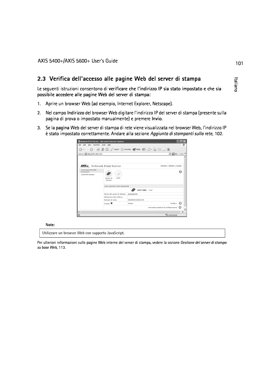 Dell manual Verifica dell’accesso alle pagine Web del server di stampa, AXIS 5400+/AXIS 5600+ User’s Guide 