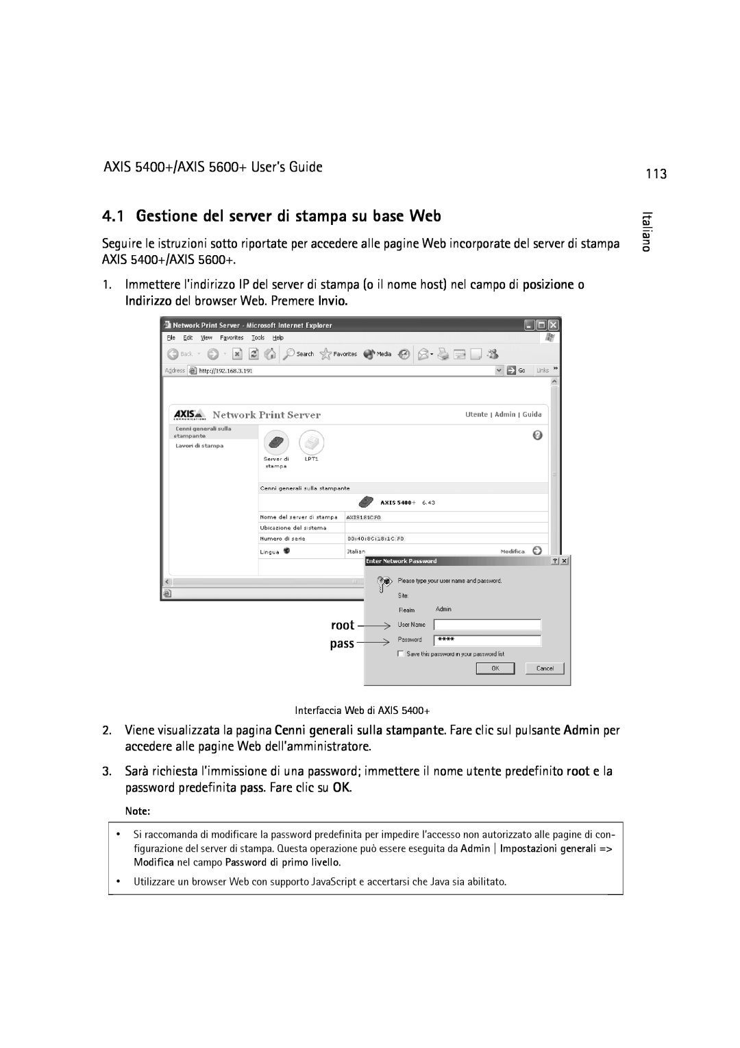 Dell manual Gestione del server di stampa su base Web, AXIS 5400+/AXIS 5600+ User’s Guide, root pass 