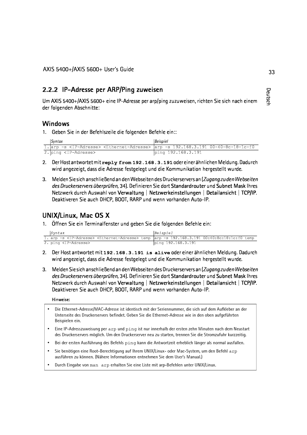 Dell IP-Adresse per ARP/Ping zuweisen, Windows, UNIX/Linux, Mac OS, AXIS 5400+/AXIS 5600+ User’s Guide, Hinweise, ping 