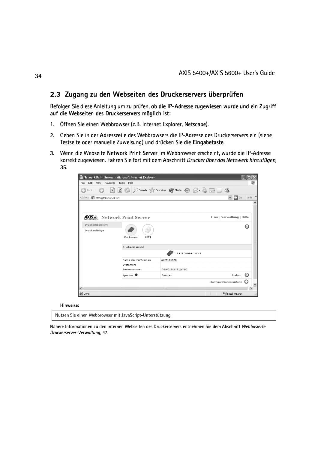 Dell 5600+, 5400+ manual Zugang zu den Webseiten des Druckerservers überprüfen 