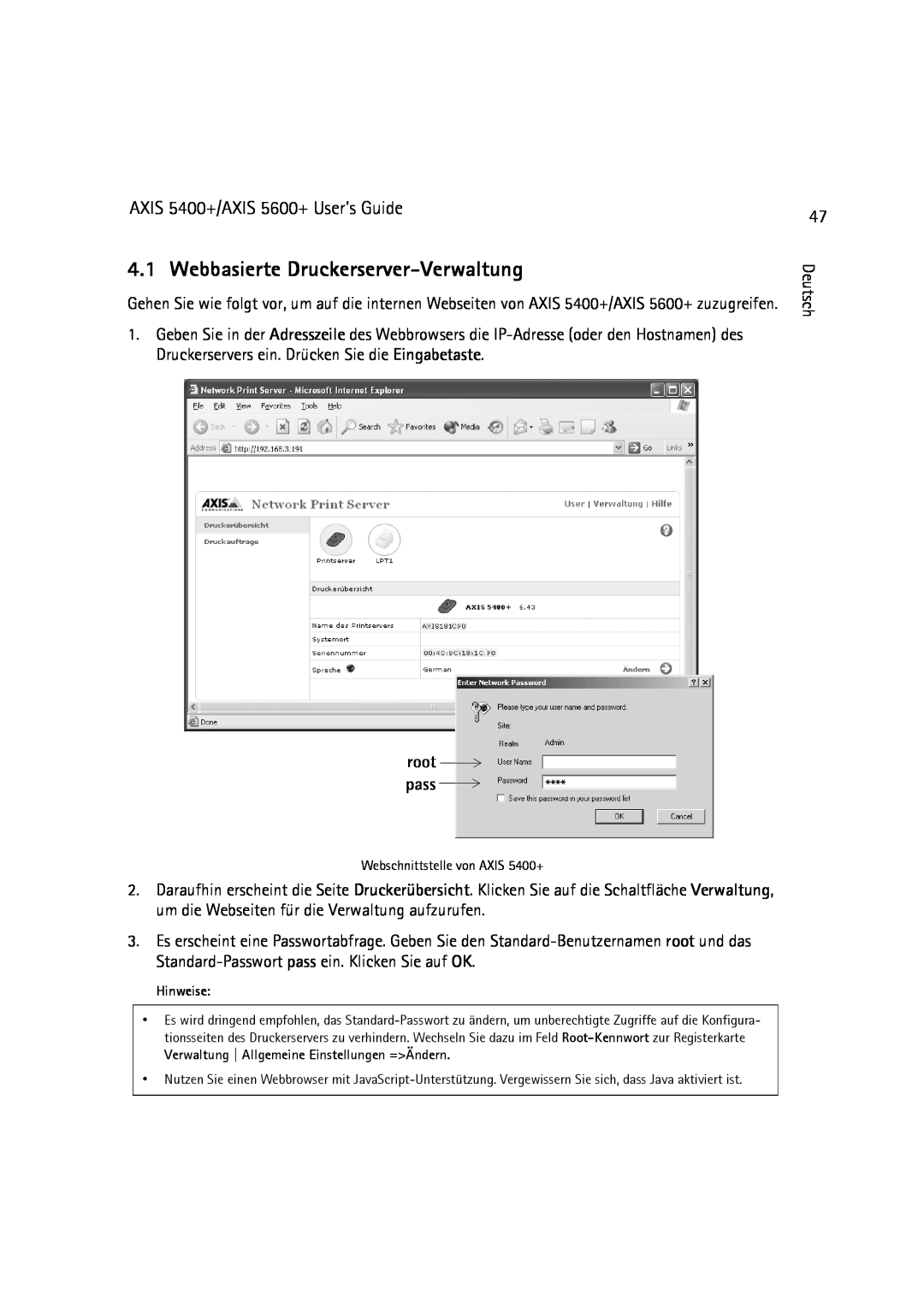 Dell manual Webbasierte Druckerserver-Verwaltung, root pass, AXIS 5400+/AXIS 5600+ User’s Guide 