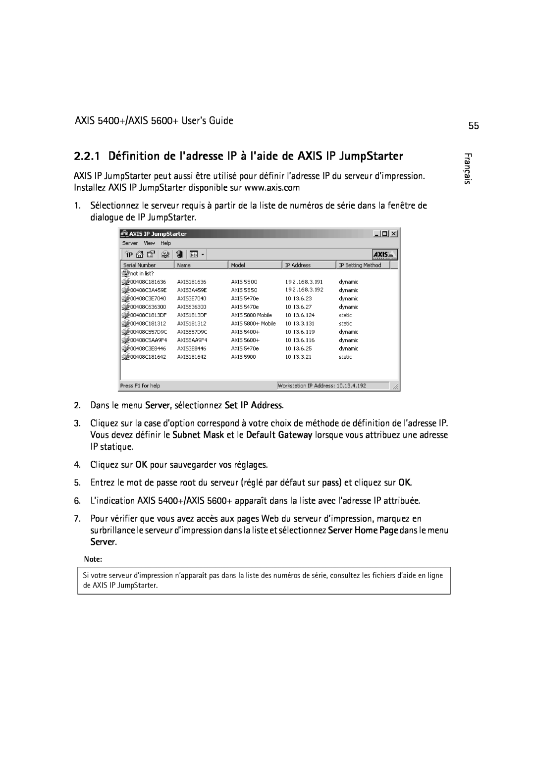 Dell manual 2.2.1 Définition de l’adresse IP à l’aide de AXIS IP JumpStarter, AXIS 5400+/AXIS 5600+ User’s Guide 