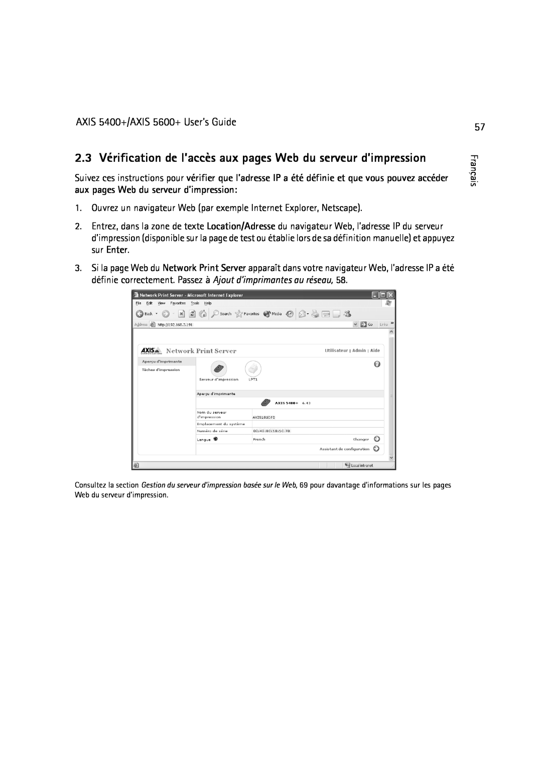 Dell manual 2.3 Vérification de l’accès aux pages Web du serveur d’impression, AXIS 5400+/AXIS 5600+ User’s Guide 